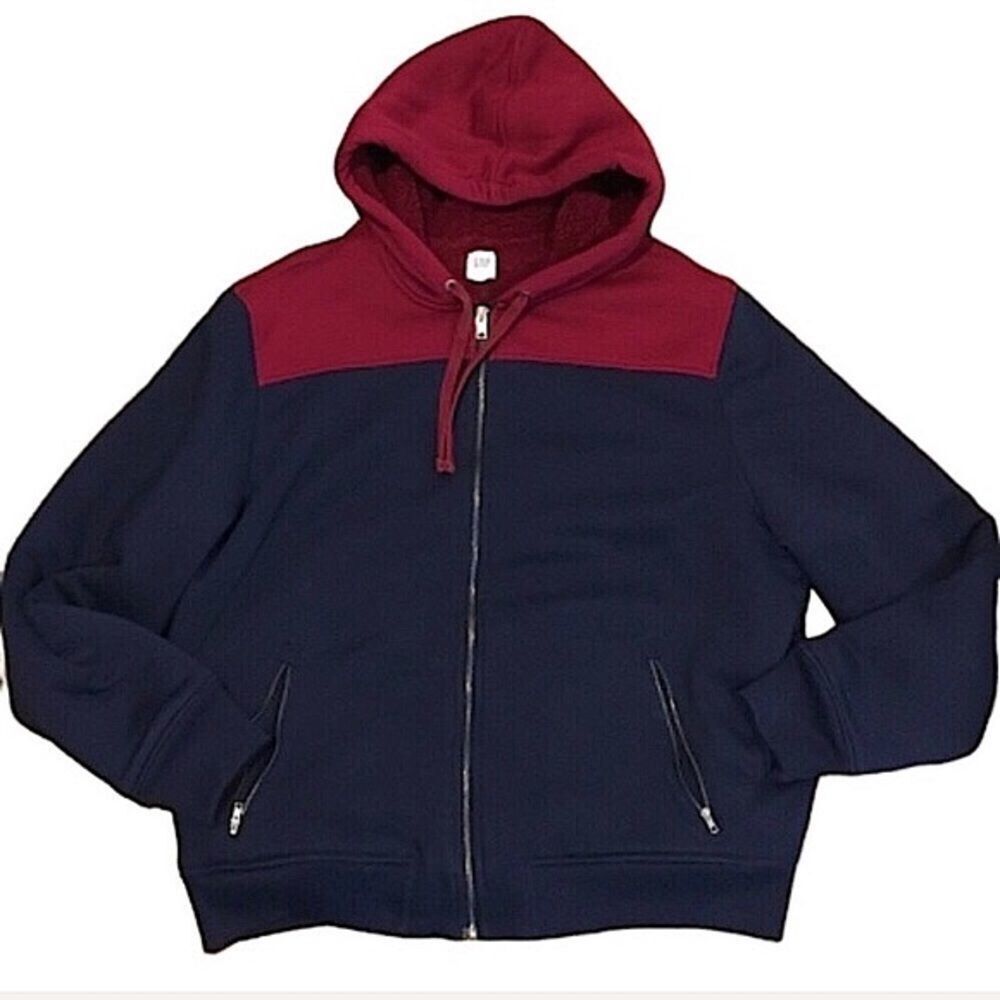 GAP Mens Wine Red & Navy Blue Fully Lined Sherpa Full Zip Hooded Jacket XL NWOT